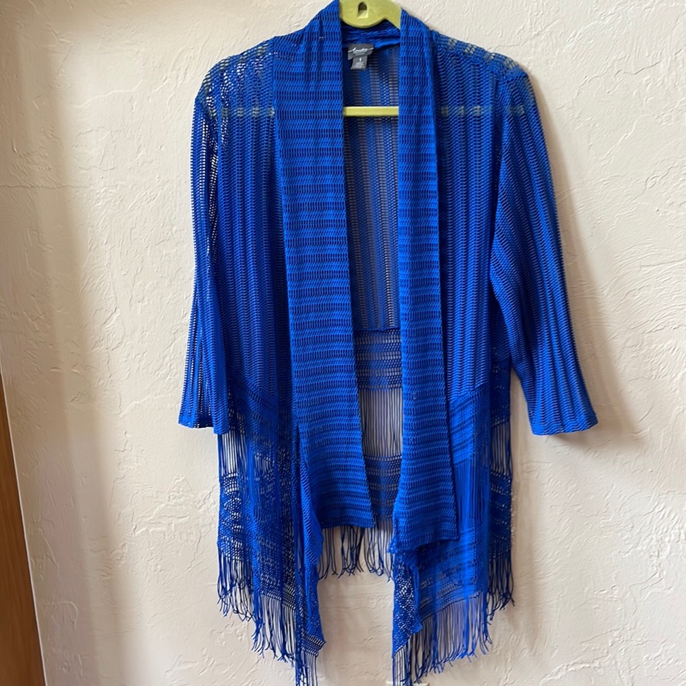 Chicos Travelers royal blue perforated fringe jacket, M